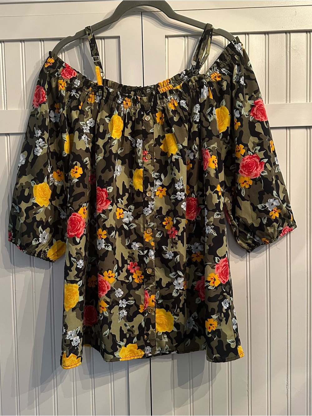 Floral Camo Off-Shoulder Women's Top in Olive with Pink & Yellow Blooms